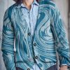 Men DJ Print Cardigan | Retro Art Inkjet Print V-Neck Knitted Cardigan Blue