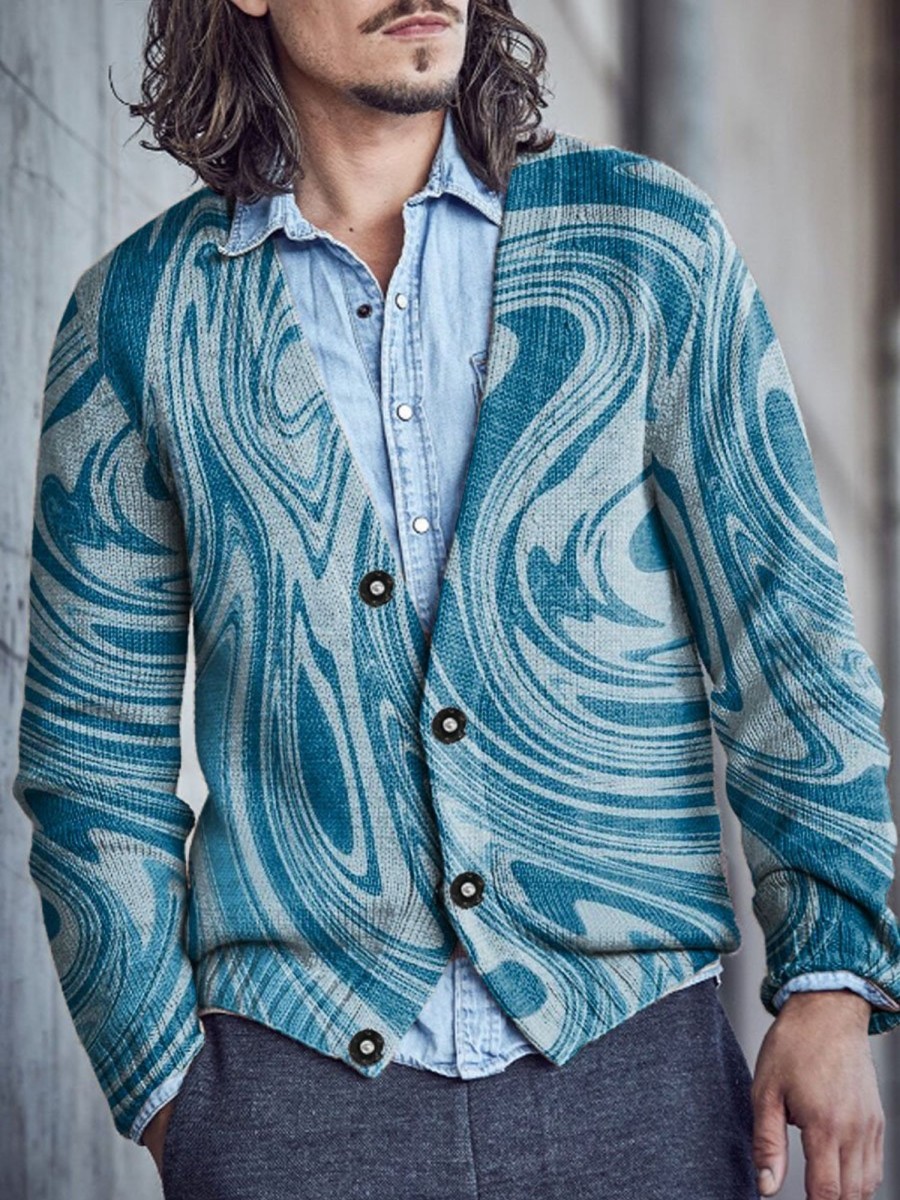 Men DJ Print Cardigan | Retro Art Inkjet Print V-Neck Knitted Cardigan Blue