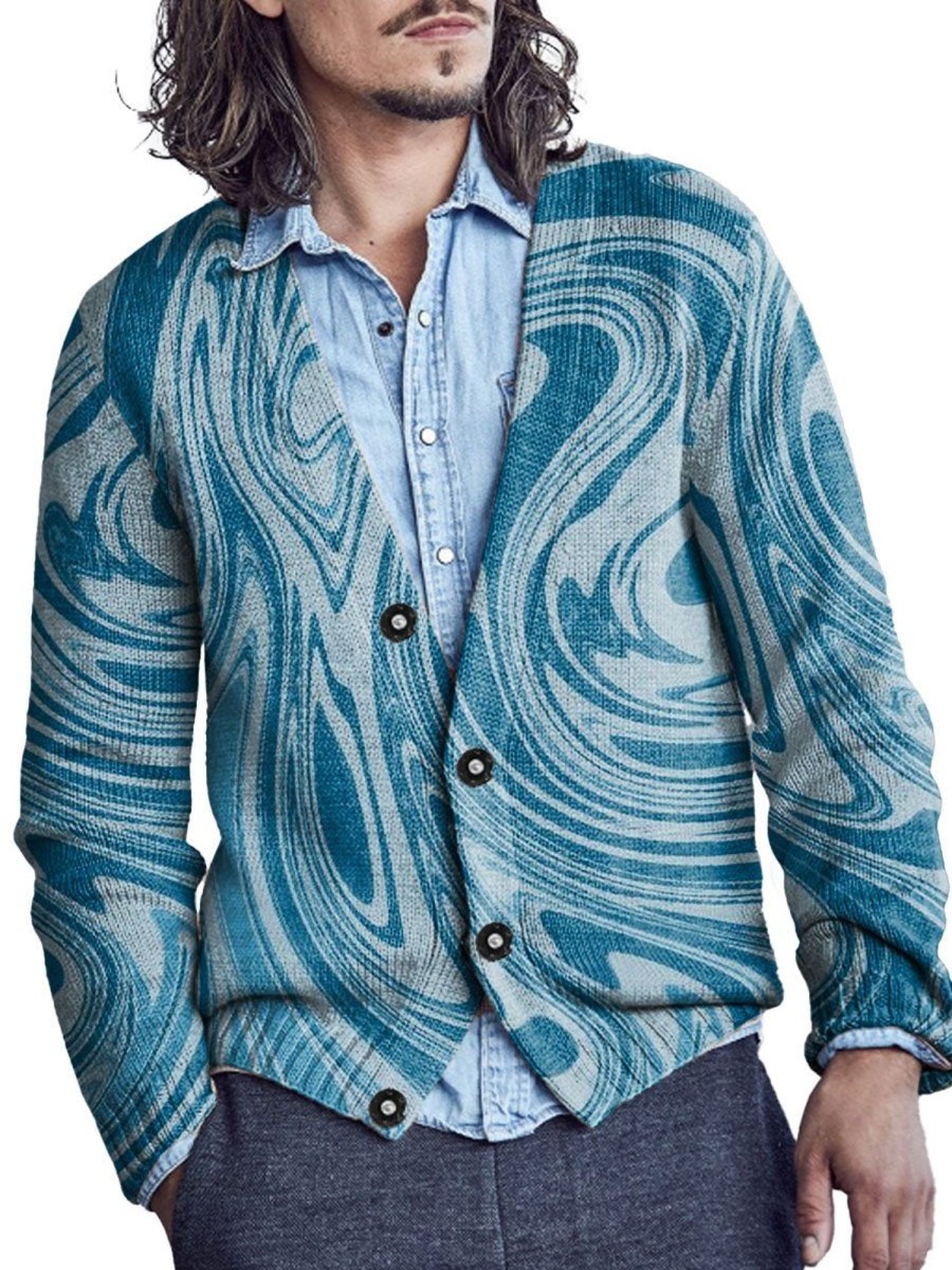 Men DJ Print Cardigan | Retro Art Inkjet Print V-Neck Knitted Cardigan Blue