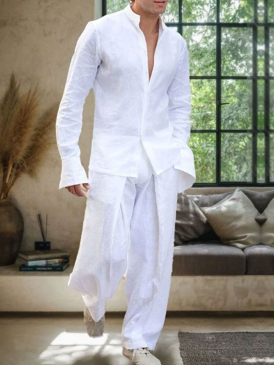 Men BXL Set | Men'S Casual Loose Cotton And Linen Shirt And Elastic Waist Pants Suit White