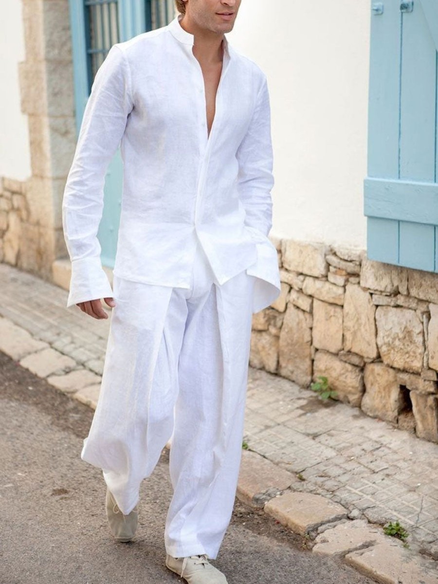 Men BXL Set | Men'S Casual Loose Cotton And Linen Shirt And Elastic Waist Pants Suit White