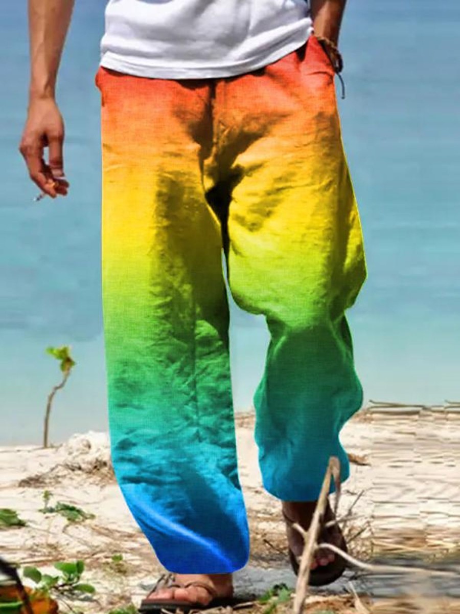 Men DJ Bottoms | Rainbow Print Pocket Lace -Up Casual Pants Photo Color