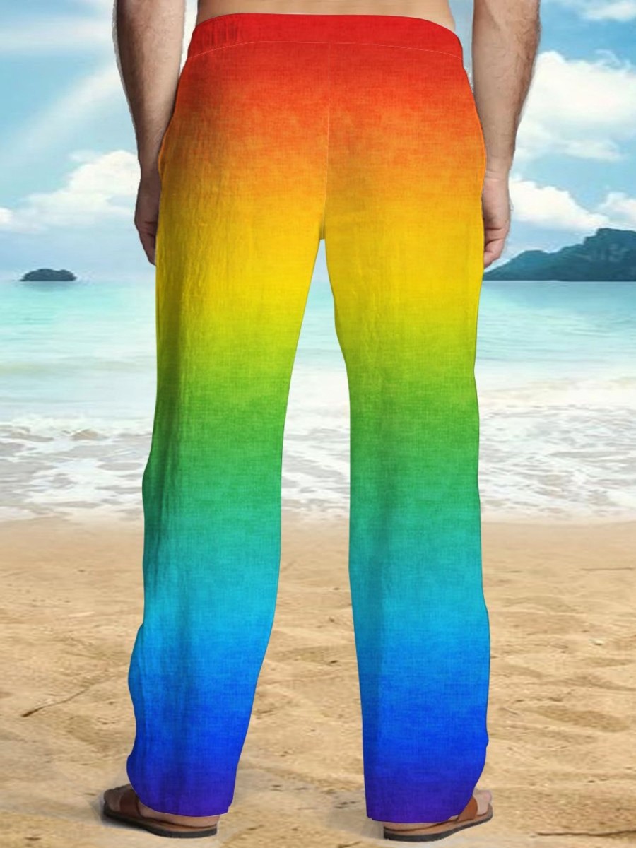 Men DJ Bottoms | Rainbow Print Pocket Lace -Up Casual Pants Photo Color