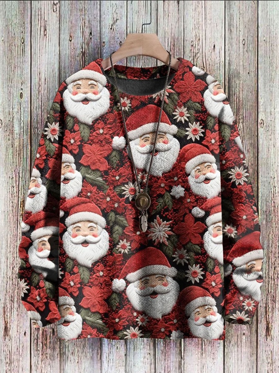 Men BXL Print Sweater | Round Neck Casual Loose Santa Print Knitted Pullover Sweater Red