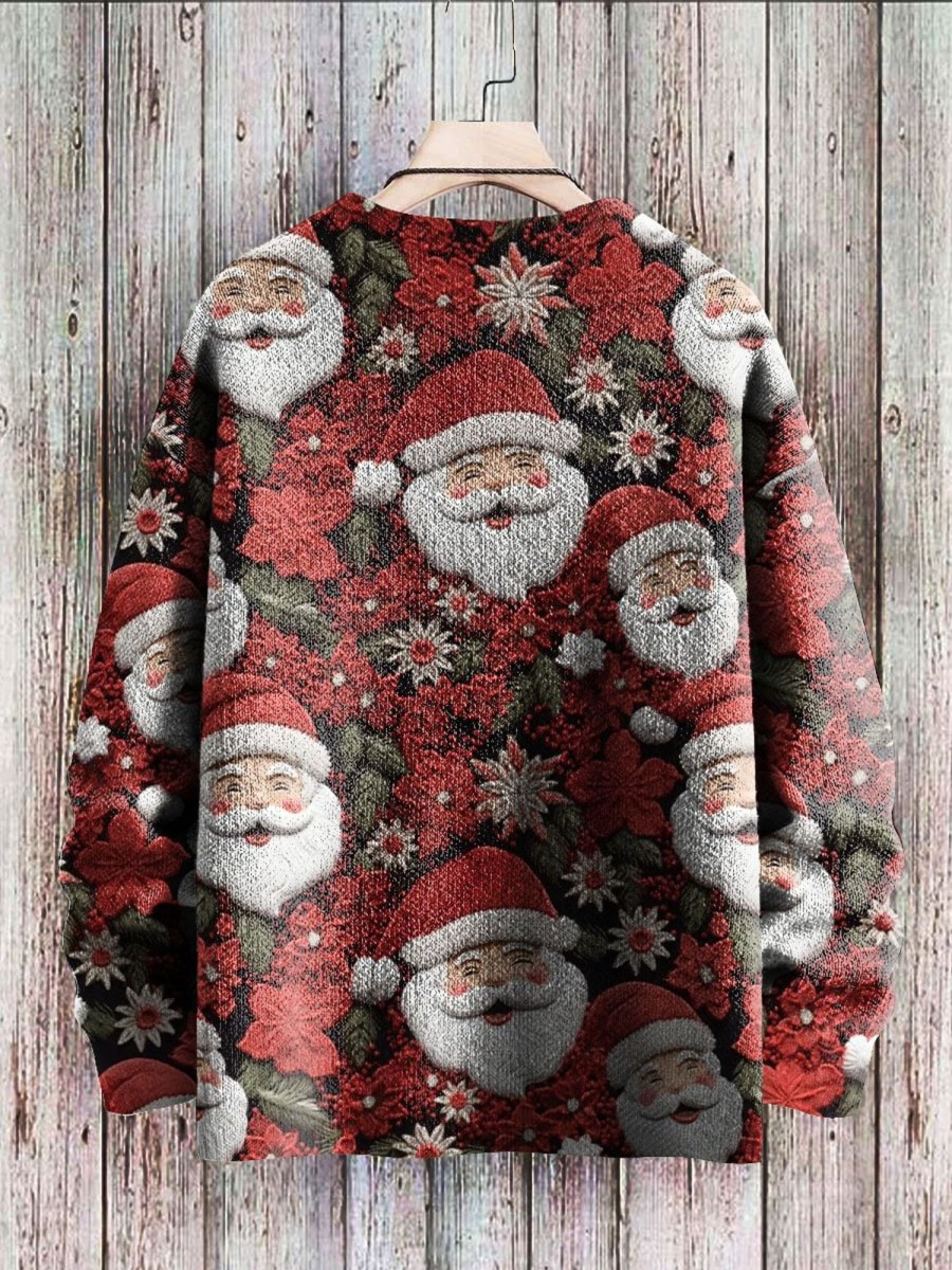 Men BXL Print Sweater | Round Neck Casual Loose Santa Print Knitted Pullover Sweater Red