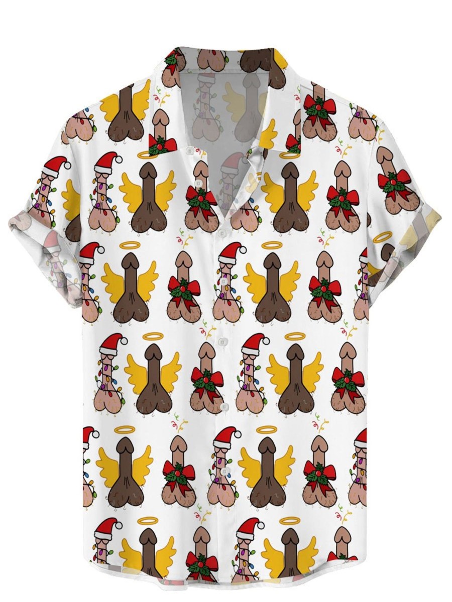 Men DJ Shirts | Christmas Fun Cock Toy Printed Casual Short-Sleeved Shirt Photo Color