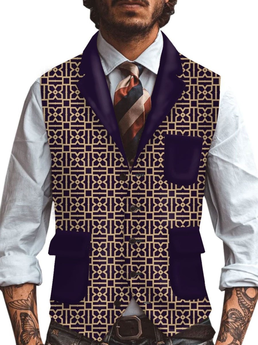 Men BXL Vest | Men'S Retro Geometric Print Multi-Pocket Casual Vest Purple