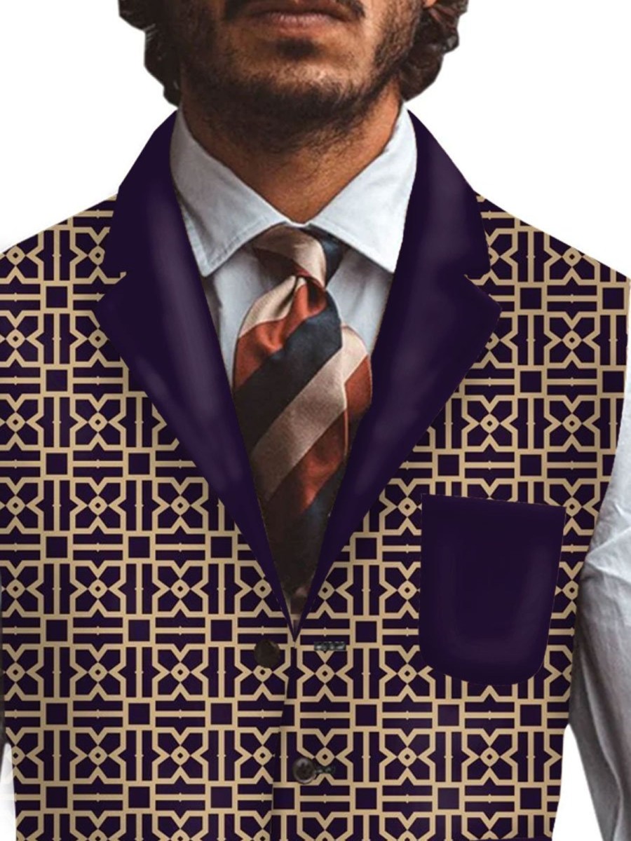 Men BXL Vest | Men'S Retro Geometric Print Multi-Pocket Casual Vest Purple