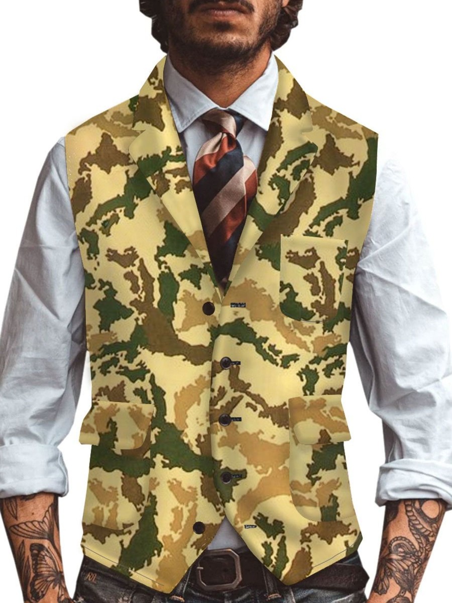 Men DJ Vest | Retro Camouflage Printed Three-Pocket Lapel Casual Suit Vest Yellow