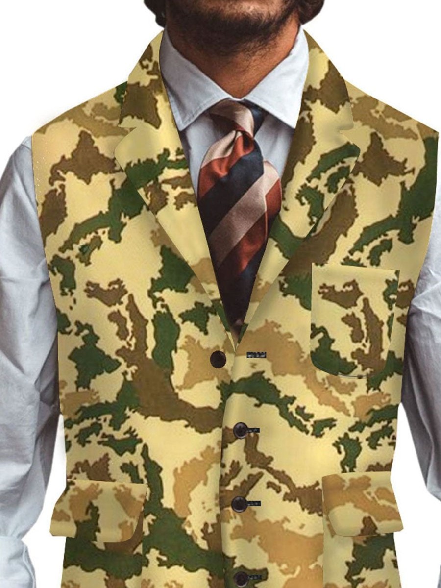 Men DJ Vest | Retro Camouflage Printed Three-Pocket Lapel Casual Suit Vest Yellow