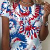 Women DJ | Crew Neck Independence Day Tie-Dye Short Sleeve T-Shirt Blue