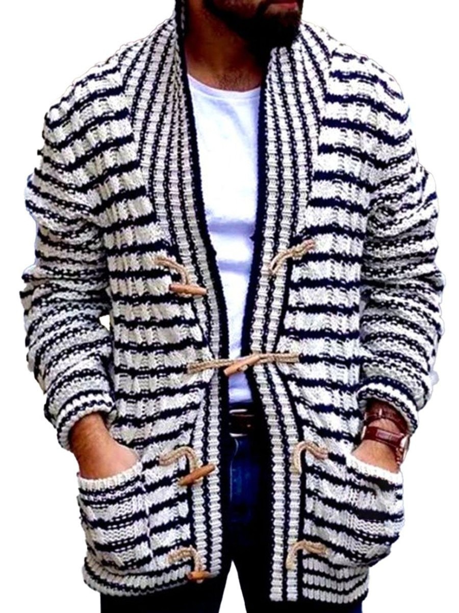 Men DJ Cardigan | Black And White Double-Pocket Casual Knitted Cardigan Photo Color