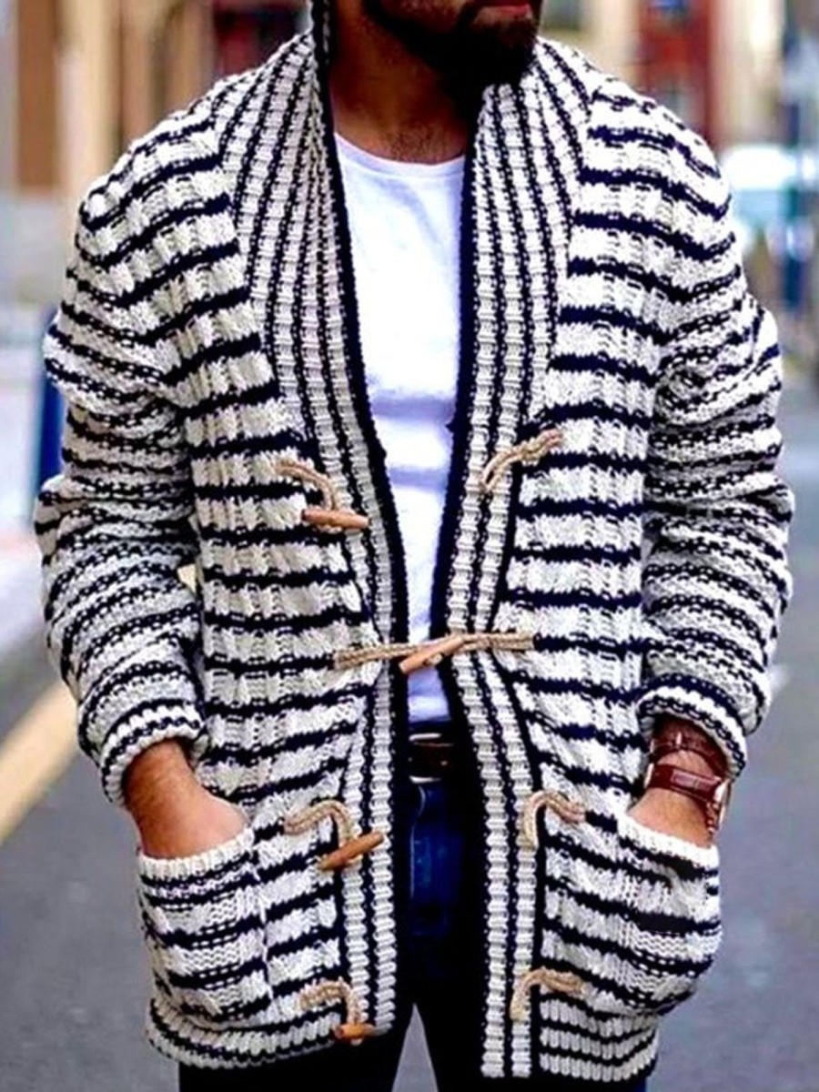 Men DJ Cardigan | Black And White Double-Pocket Casual Knitted Cardigan Photo Color