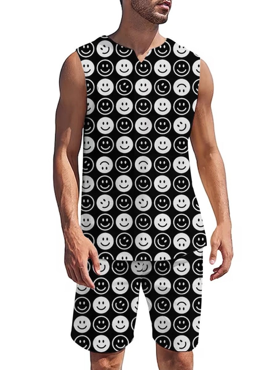 Men DJ Set | And White Smiley Print Tank Top And Shorts Set Black