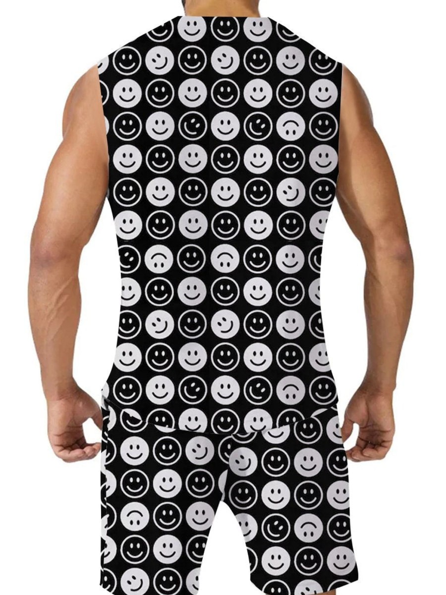 Men DJ Set | And White Smiley Print Tank Top And Shorts Set Black