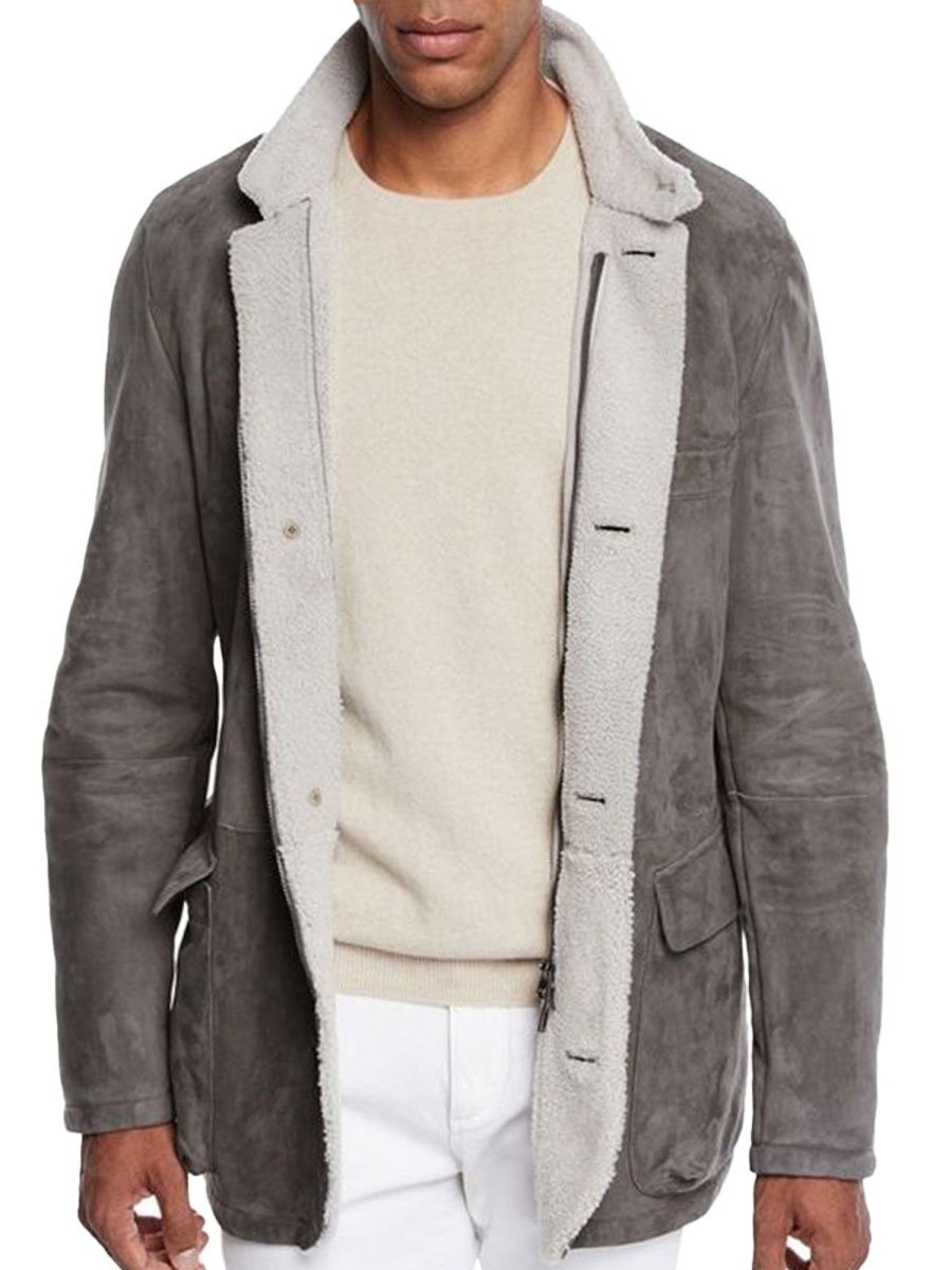 Men BXL Jacket | Suede Lambswool Paneled Double Pocket Stand Collar Casual Coat Gray