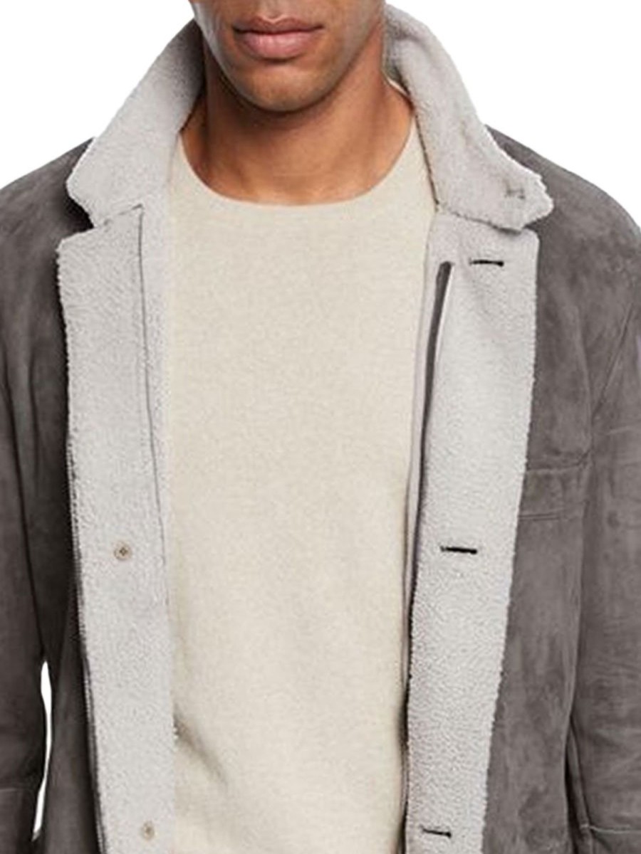 Men BXL Jacket | Suede Lambswool Paneled Double Pocket Stand Collar Casual Coat Gray