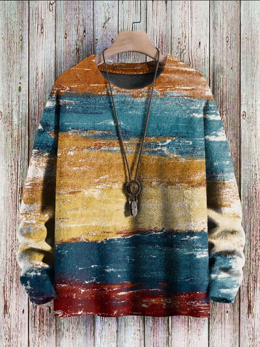 Men BXL Print Sweater | Men'S Casual Color Block Printed Pullover Sweater 03682245Xl Orange