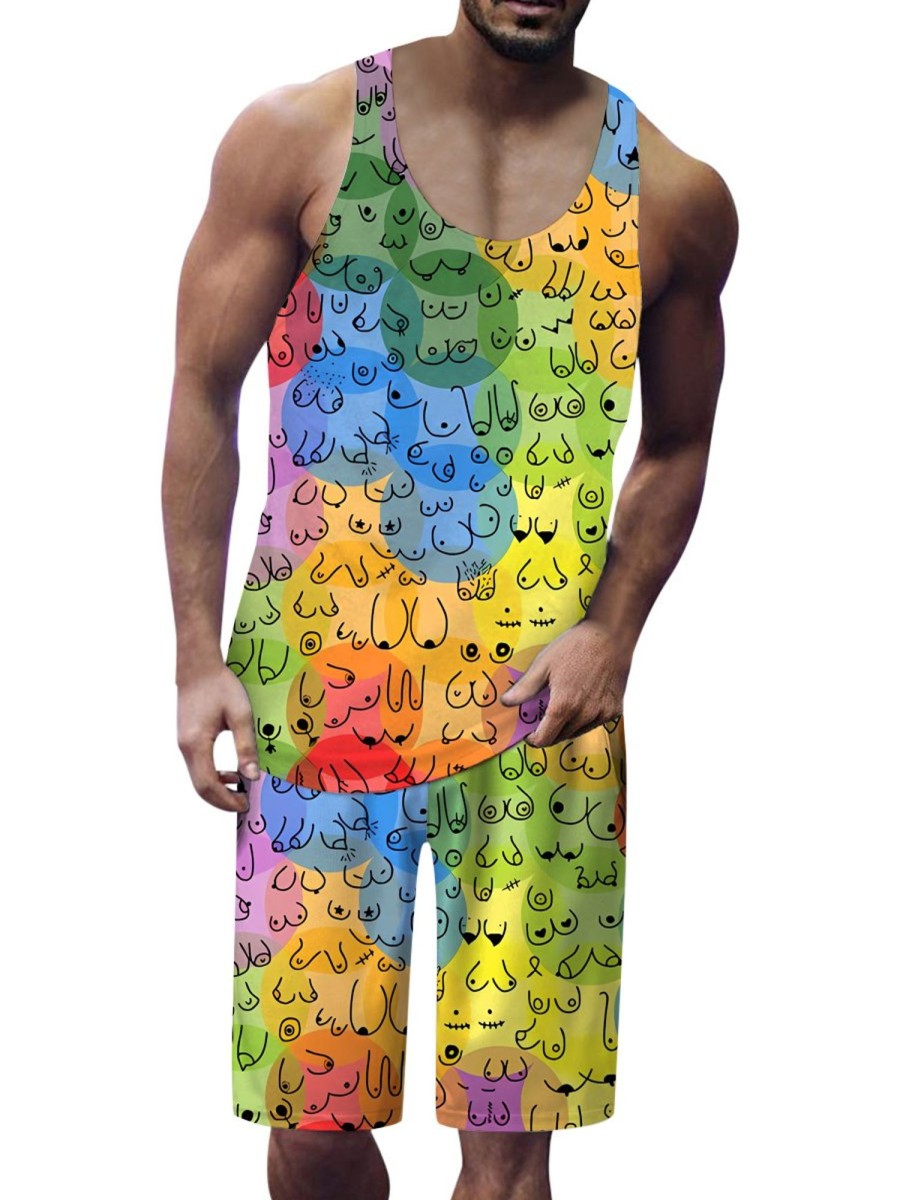 Men DJ Set | Colorful Breast Cancer Survivor Print Tank Top And Shorts Two-Piece Set Photo Color