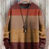 Men DJ Print Sweater | Retro Striped Print Casual Crew Neck Knitted Pullover Sweater Photo Color