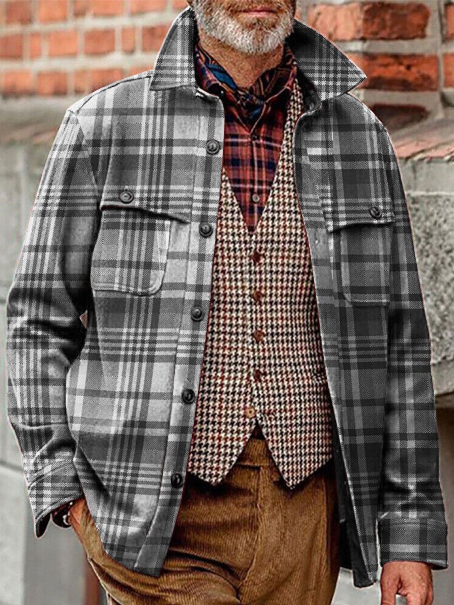 Men BXL Print Jacket | Men'S Casual Vintage Plaid Print Pocket Corduroy Jacket 49458550Xl Gray