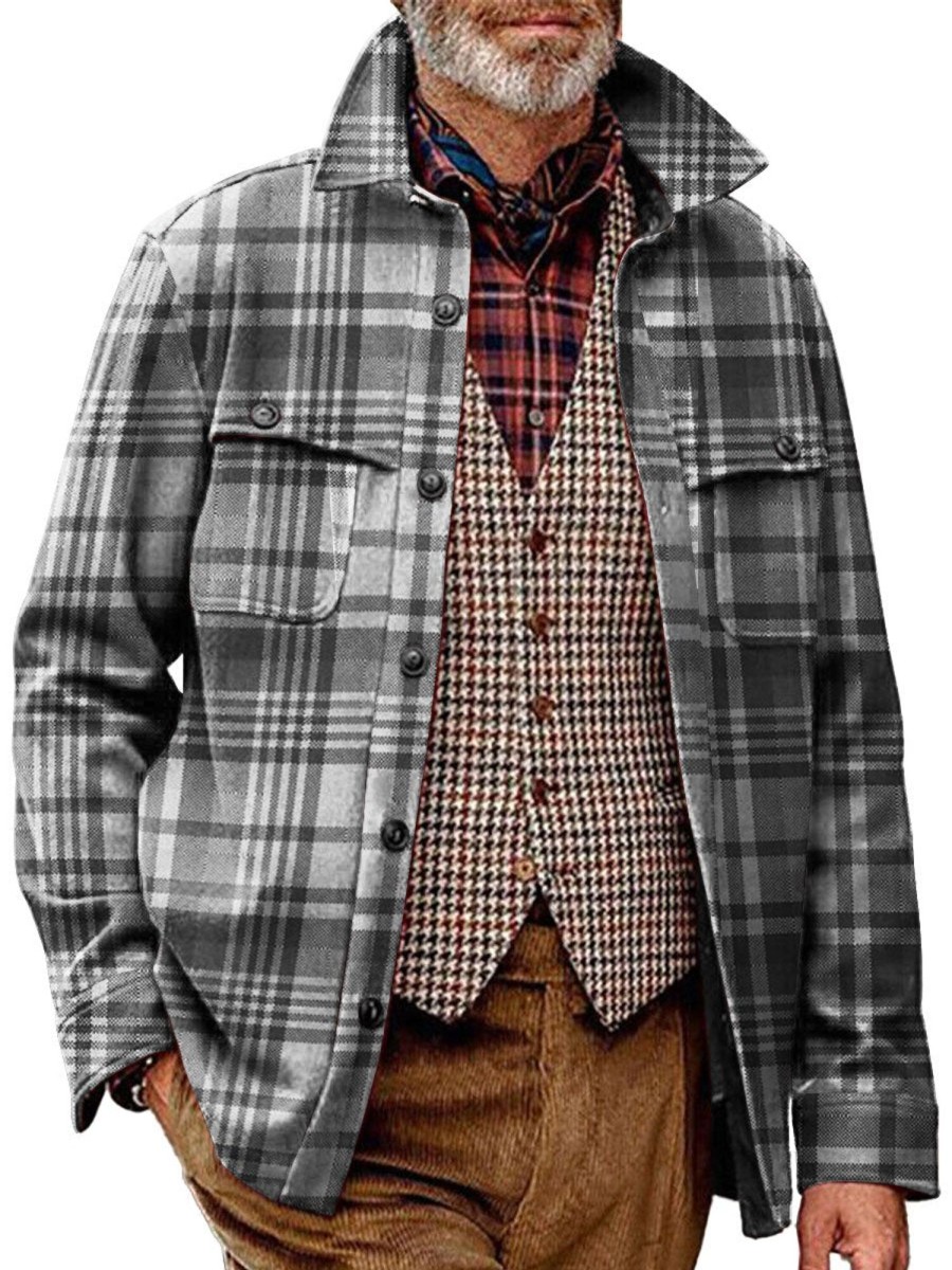 Men BXL Print Jacket | Men'S Casual Vintage Plaid Print Pocket Corduroy Jacket 49458550Xl Gray