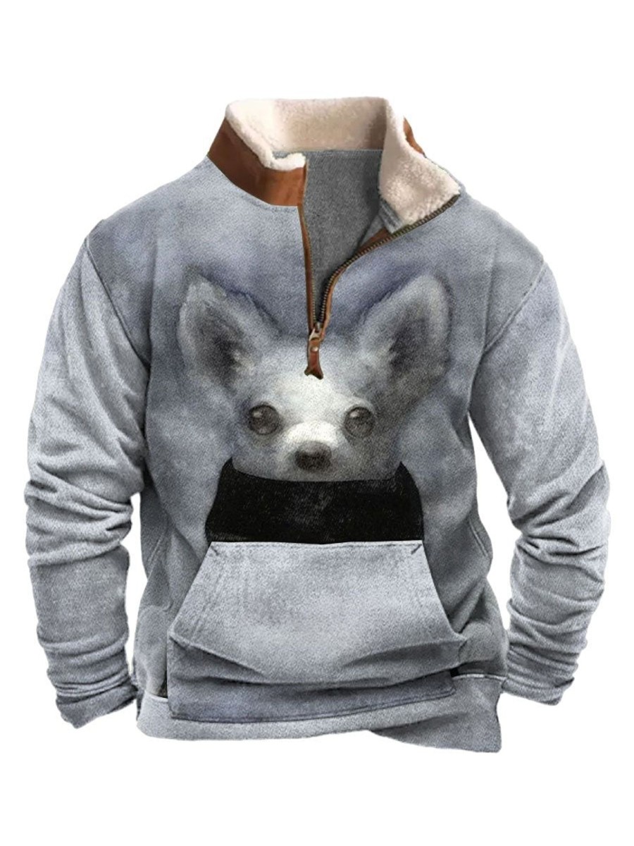 Men BXL T-Shirts | Men'S Casual Cold Protection Art Print Fur Collar Zipper Sweatshirt Gray