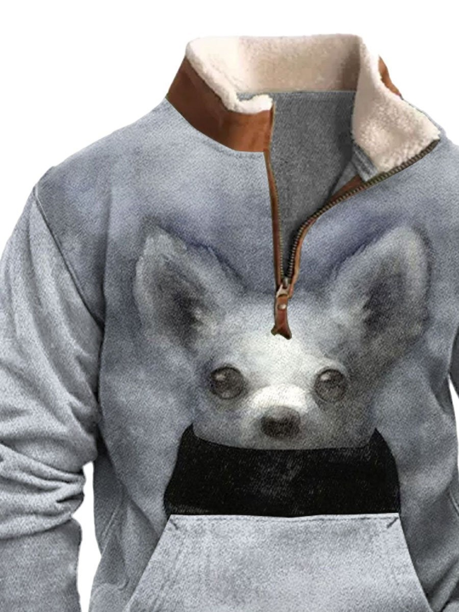 Men BXL T-Shirts | Men'S Casual Cold Protection Art Print Fur Collar Zipper Sweatshirt Gray