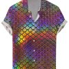 Men DJ Shirts | Retro Mermaid Scale Print Casual Hawaiian Short Sleeve Shirt Photo Color