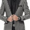 Men DJ Jacket | Lapel Houndstooth Patchwork Three-Pocket Casual Blazer Black