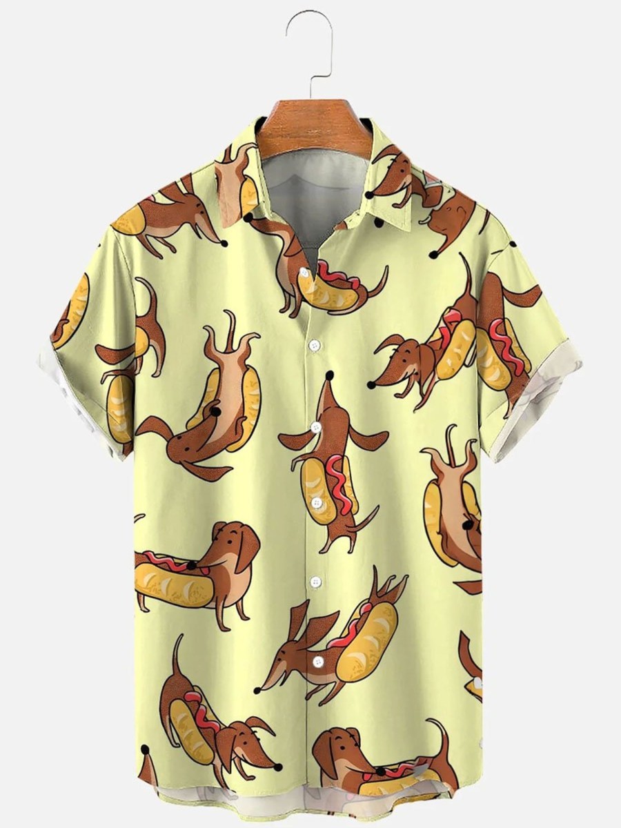 Men DJ Shirts | Men'S Love Pets Dog Cute Dachshund Casual Print Shirt Yellow