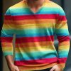 Men DJ Print Sweater | Men Rainbow Gradient V-Neck Lnit Long Sleeve Sweater Photo Color