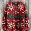 Men DJ Print Sweater | Unisex Embroide Snowflake Print Casual Round Neck Knitted Sweater Red