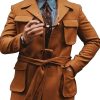 Men BXL Jacket | Retro Solid Color Wool Multi-Pocket Lapel Belted Casual Coat Orange