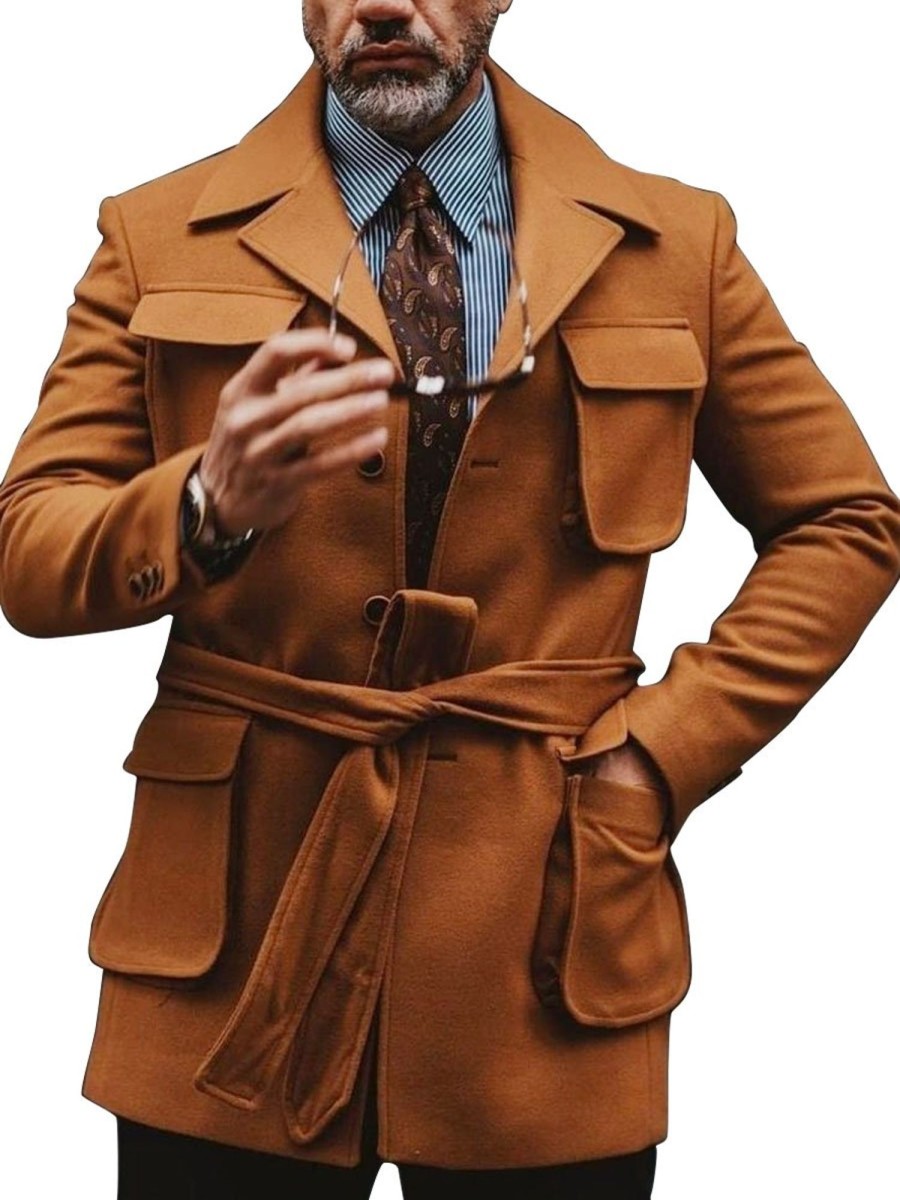 Men BXL Jacket | Retro Solid Color Wool Multi-Pocket Lapel Belted Casual Coat Orange