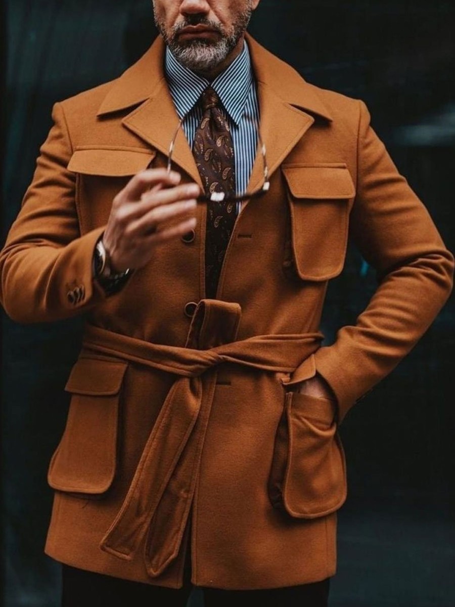 Men BXL Jacket | Retro Solid Color Wool Multi-Pocket Lapel Belted Casual Coat Orange