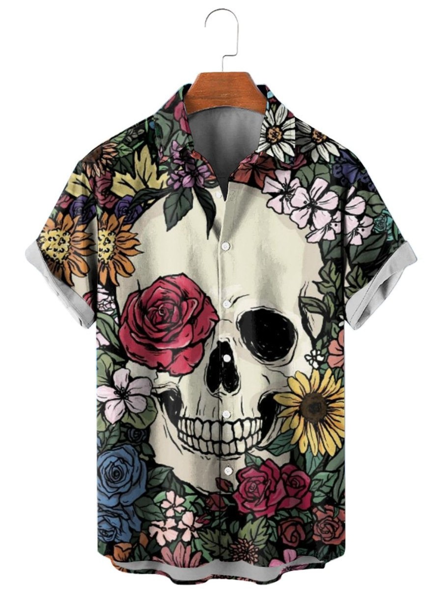 Men HLJ Shirts | Men'S Vintage Colorful Flower Skull Print Short Sleeve Shirt Polychromatic