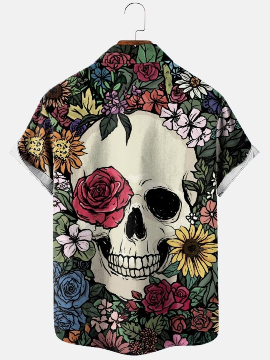 Men HLJ Shirts | Men'S Vintage Colorful Flower Skull Print Short Sleeve Shirt Polychromatic