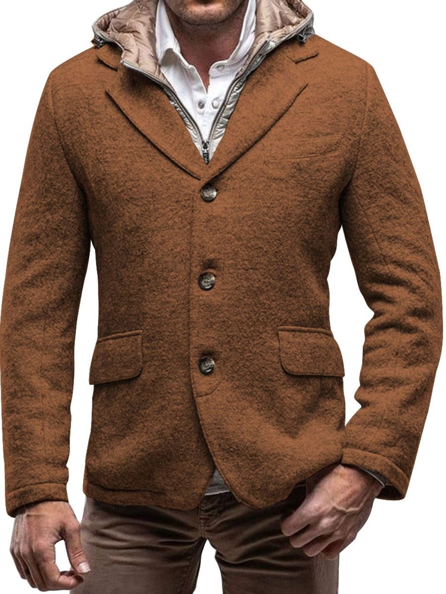 Men BXL Jacket | Retro Solid Color Woolen Lapel Casual Blazer Brown