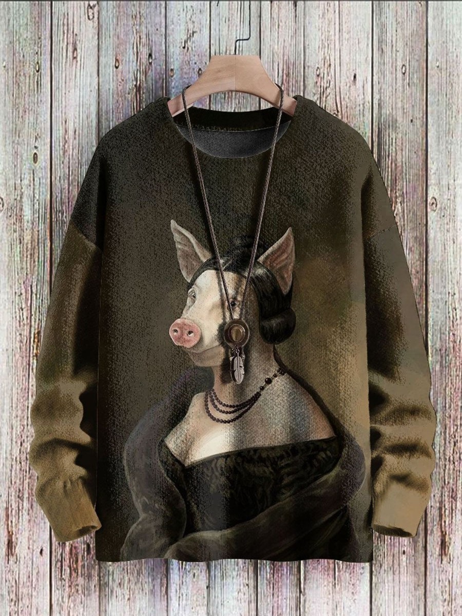 Men BXL Print Sweater | Men'S And Women'S Retro Dressed Pig Drawing Knitted Crew Neck Sweater Brown