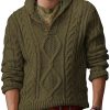 Men DJ Sweater | Retro Solid Color Half-Open V-Neck Cable Knit Pullover Sweater Army Green