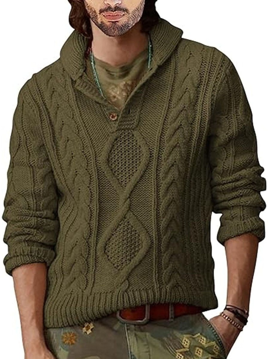 Men DJ Sweater | Retro Solid Color Half-Open V-Neck Cable Knit Pullover Sweater Army Green