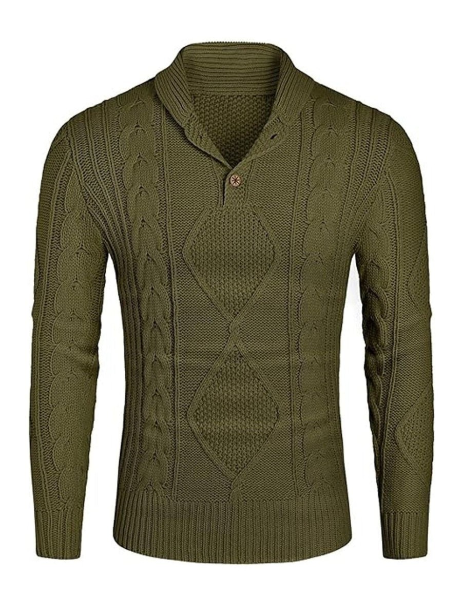 Men DJ Sweater | Retro Solid Color Half-Open V-Neck Cable Knit Pullover Sweater Army Green