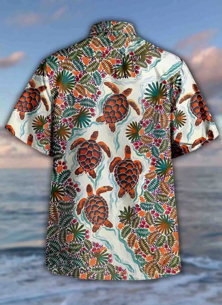 Men findercube Shirts | Men'S Fun Turtle Print Short Sleeve Shirt White