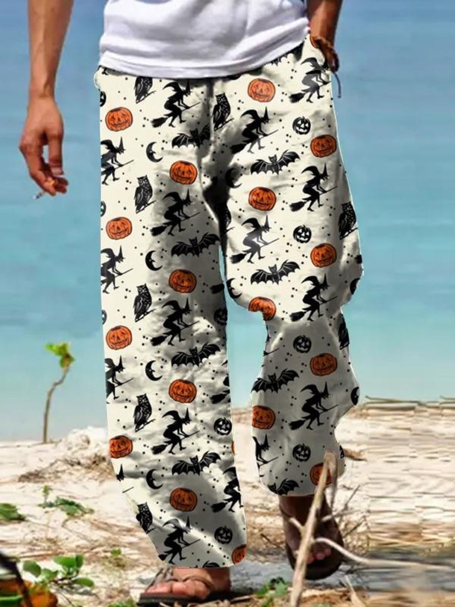 Men DJ Bottoms | Vintage Halloween Print Slouchy Pocket Pants Khaki