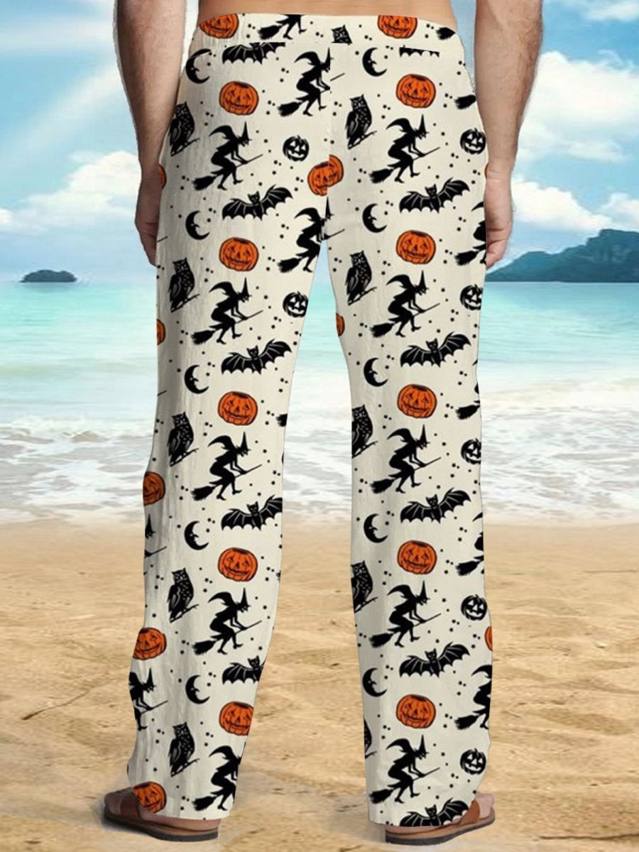 Men DJ Bottoms | Vintage Halloween Print Slouchy Pocket Pants Khaki