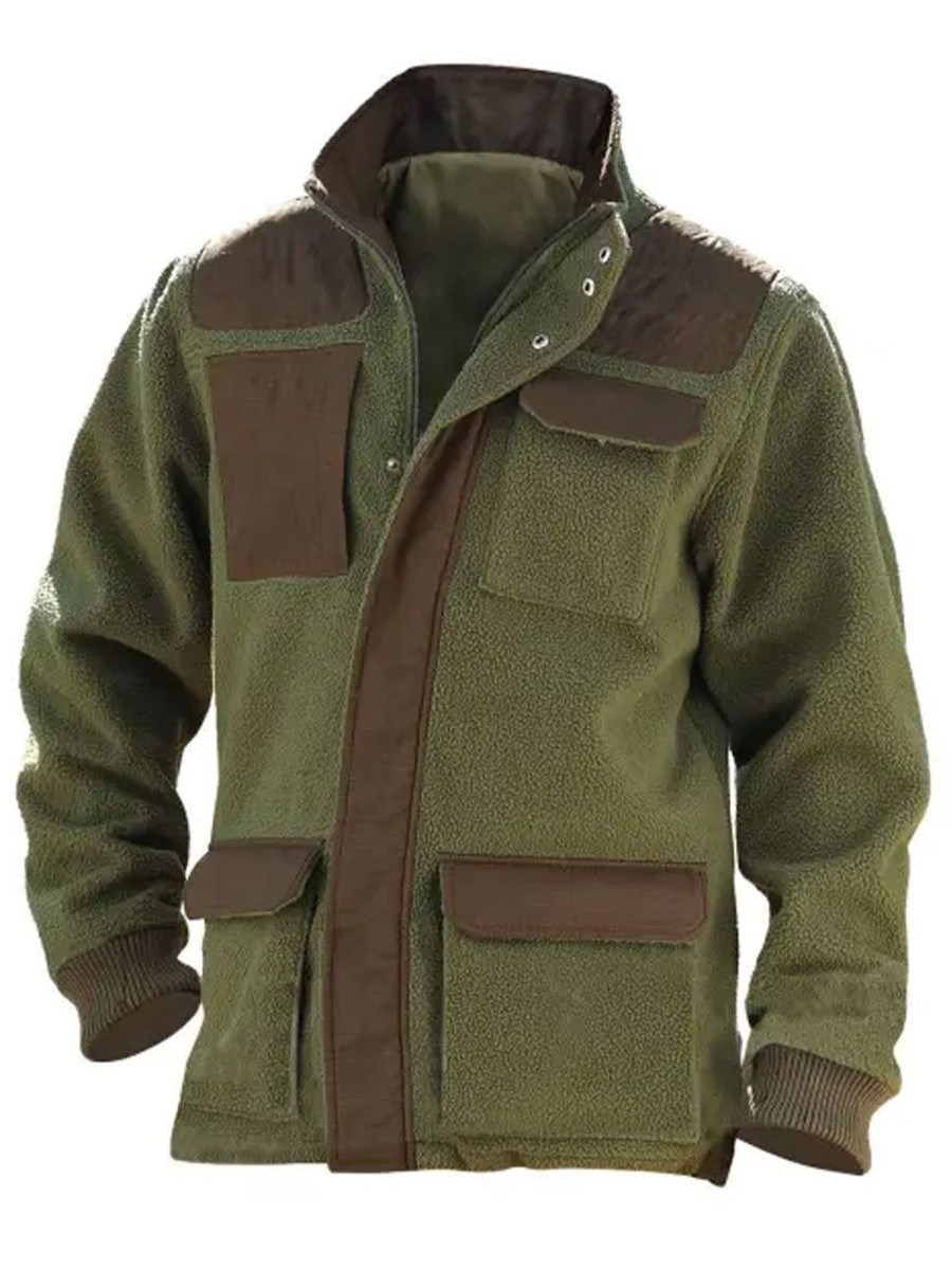 Men BXL Jacket | Retro Fleece Thick Warm Contrast Multi-Pocket Jacket Coat Army Green