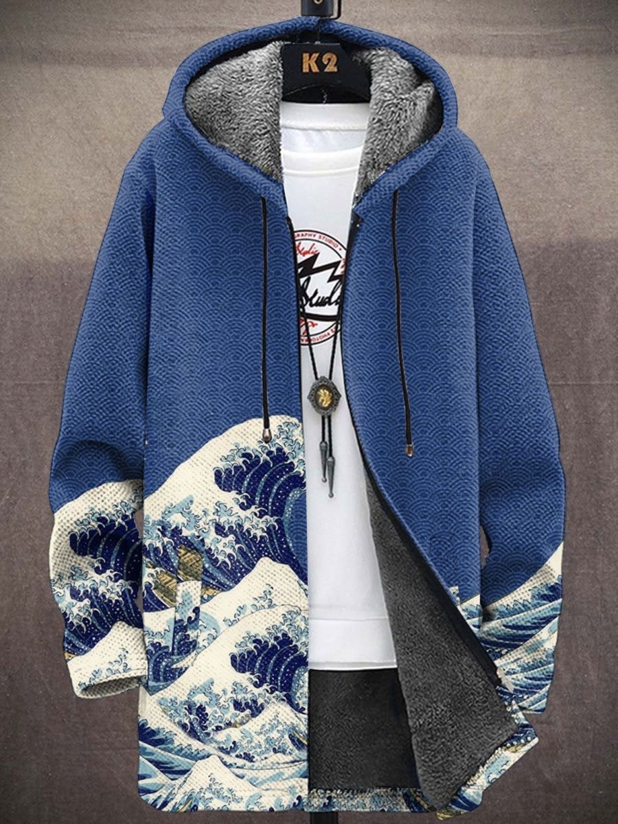 Men BXL Print Jacket | Men'S And Women'S Wave Print Zipper Hooded Velvet Jacket Blue