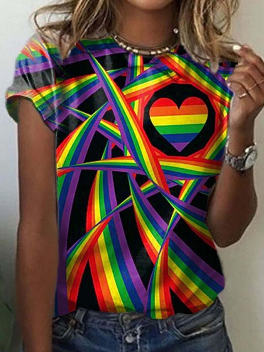 Women DJ | Women'S Lgbt Rainbow Heart Print Casual T-Shirt Photo Color