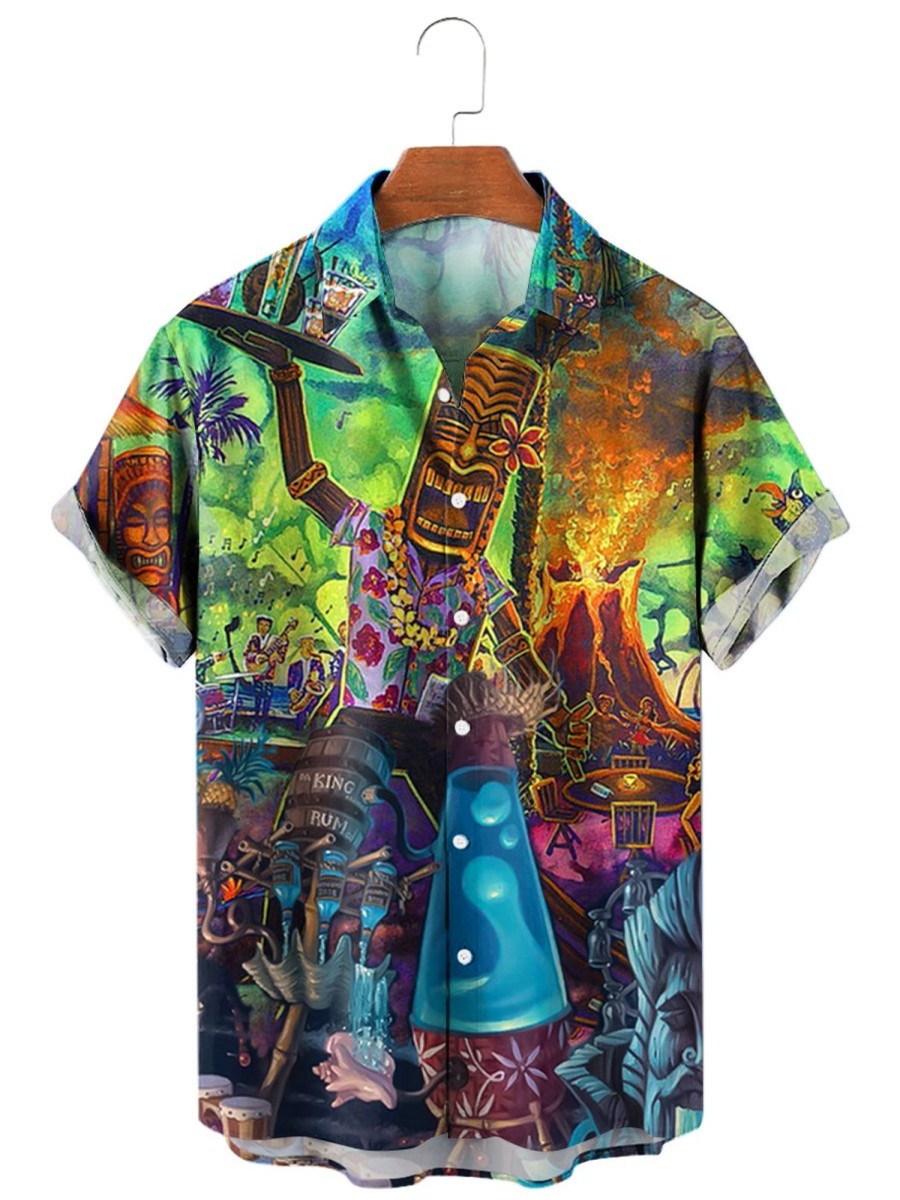 Men HLJ Shirts | Holiday Hawaiian Gradient Coconut Tree Tiki Short Sleeve Shirt Polychromatic